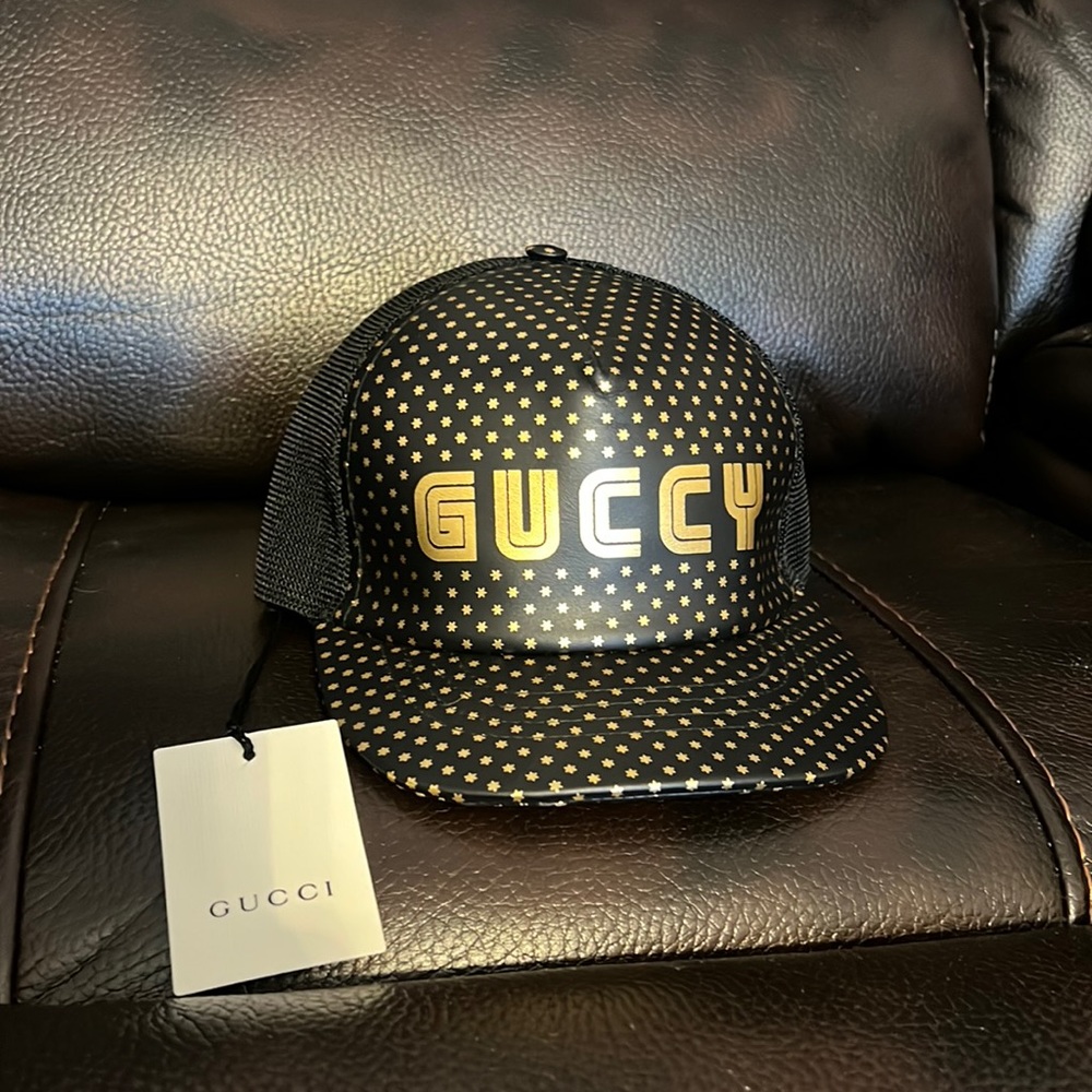 GUCCI X SEGA unisex Calfskin leather “GUCCY” Stars Baseball Hat Cap Black Gold - Picture 6 of 11